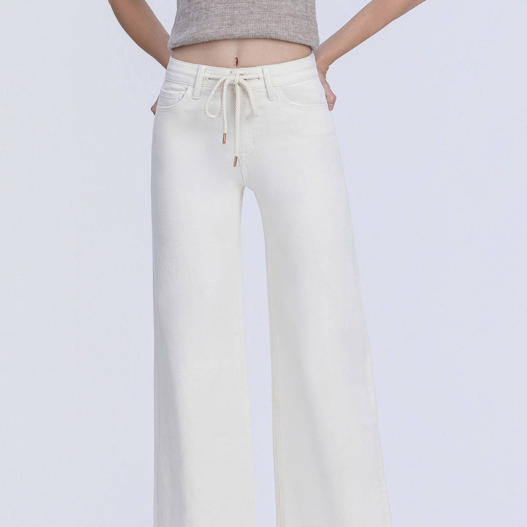 Hochgeschnittene Wide Leg Jeans In Naturtönen Mit Kordelzug