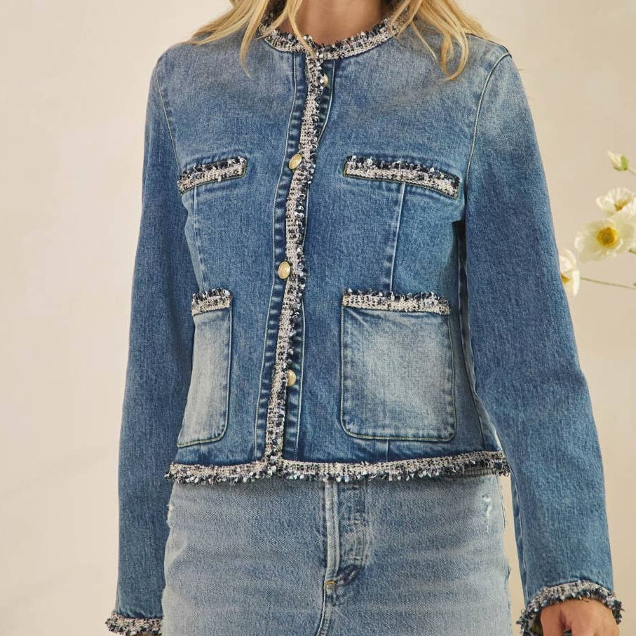 Jeansjacke Mit Tweedbesetzten Vordertaschen