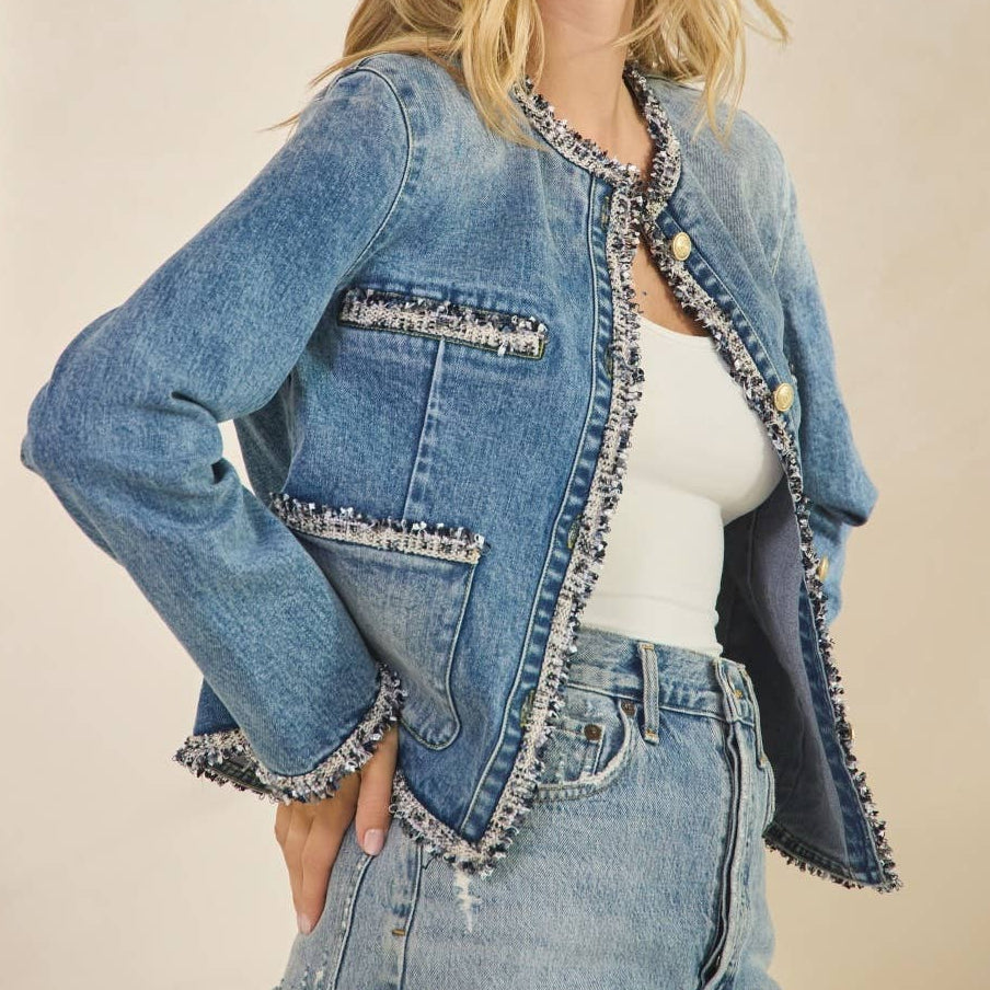 Jeansjacke Mit Tweedbesetzten Vordertaschen